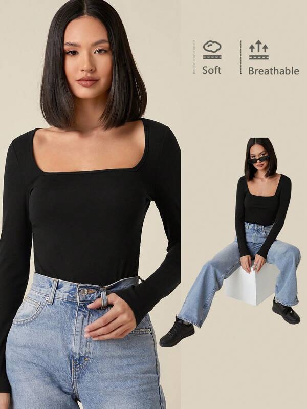 SHEIN BASICS Damen Lässig einfarbiges Shirt mit quadratischem Ausschnitt und körpernaher Form