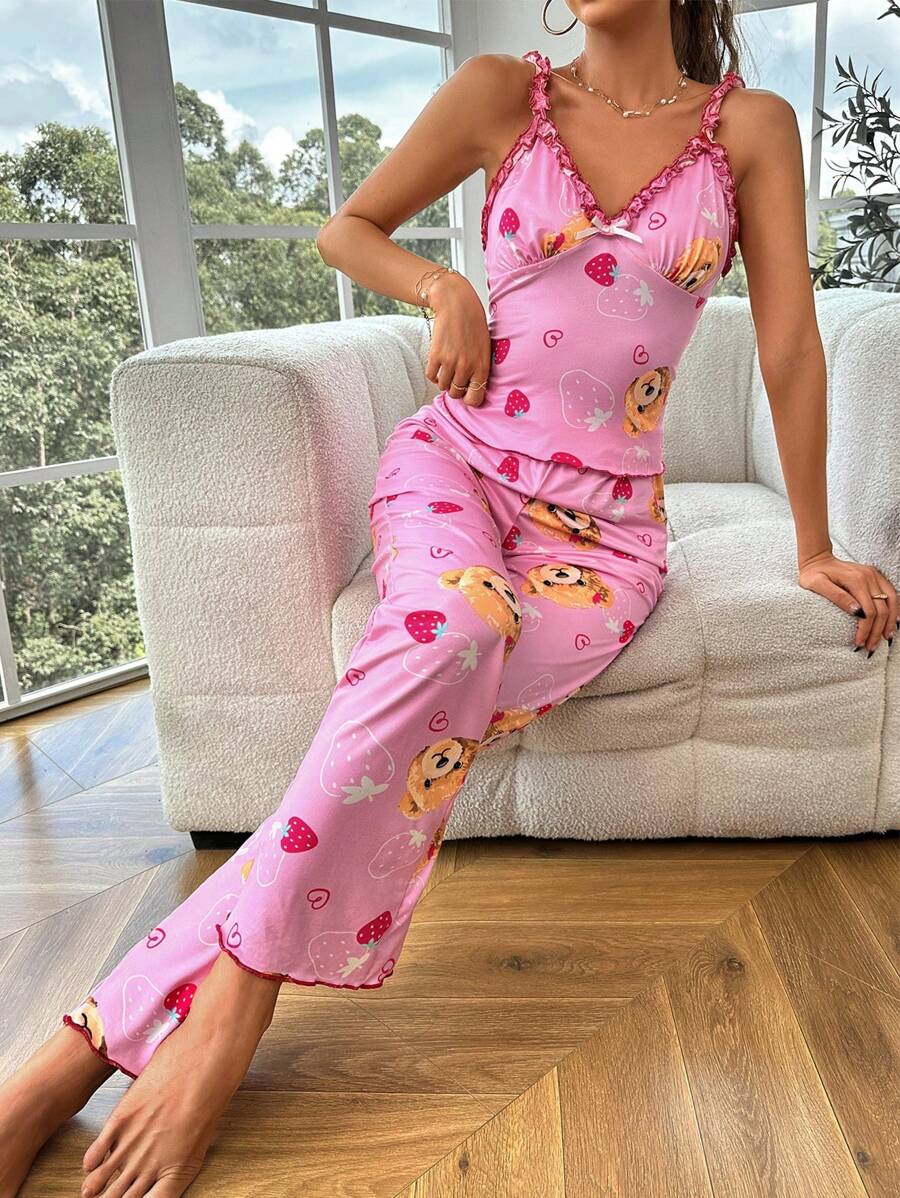 Cartoon Graphic Frill Trim Cami Top & Pants PJ Set - Pink - View 1