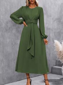 SHEIN Clasi Chất rắn Tay áo lồng đèn Váy có thắt lưng - xanh quân đội - Xem 6