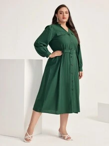 Mulvari Plus Flap Detail Button Front Belted Shirt Dress - Dark Green - View 5