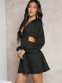 SHEIN BAE Plunging Neck Crisscross Cut Out Waist Lantern Sleeve Dress