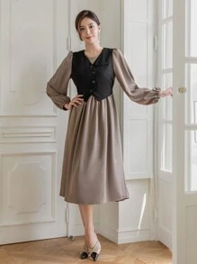 DAZY Lantern Sleeve Tie Back 2 In 1 Dress - Coffee Brown - View 3
