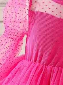 SHEIN Glamorique Kids Young Girl Contrast Dobby Mesh Virago Sleeve Mock Neck Dress Pink Princess Dressgirls Pink Party Dresspink Tutu Dresspuff Sleeve Dress For Kidsdress Pink Young Girl,Holiday,Summer,Travel