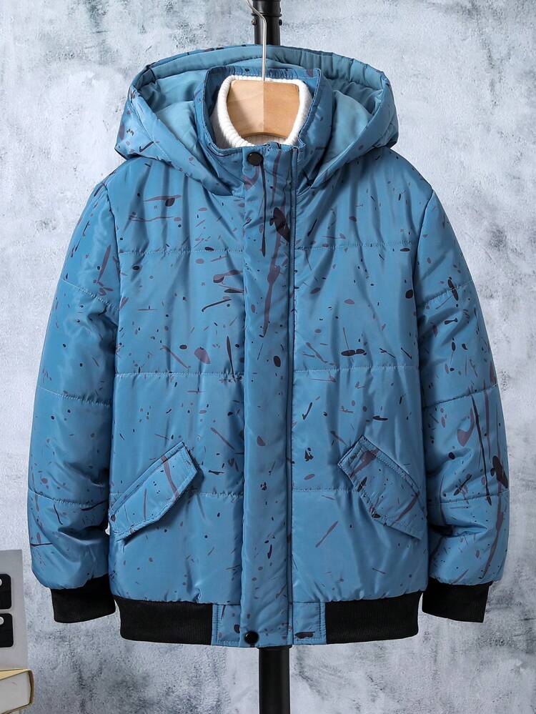 Tween Boy Marble Print Hooded Padded Coat Without Sweater