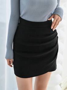DAZY Solid Ruched Side Tulip Hem Skirt Fall Skirts - Black - View 6