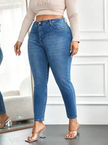 RueChic Plus Size  High Waist Skinny Jeans - Blue - View 4