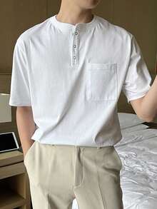 DAZY Áo thun nam có túi nửa nút - trắng - Xem 7