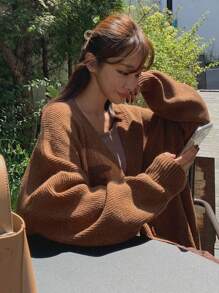 DAZY Solid Drop Shoulder Cardigan - Coffee Brown - View 6