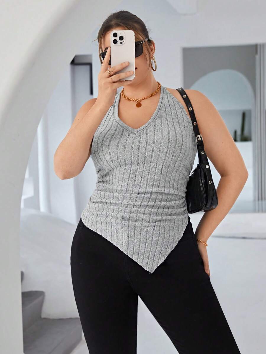 SHEIN Essnce Talla grande Top halter de espalda abierta bajo hanky - Blanco - Ver 1