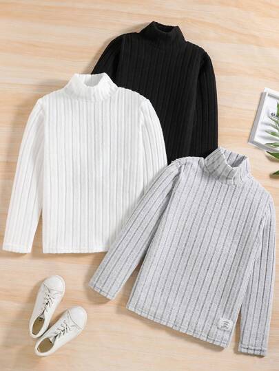 SHEIN Tween Boy 3pcs Mock Neck Ribbed Knit Tee