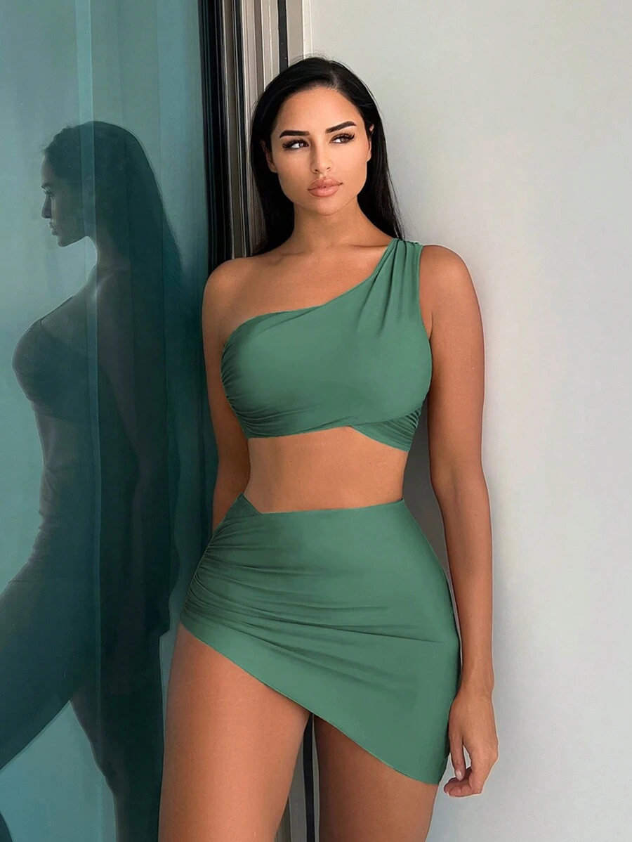 SHEIN Swim 夏季海灘純色一肩比基尼套裝配沙灘裙