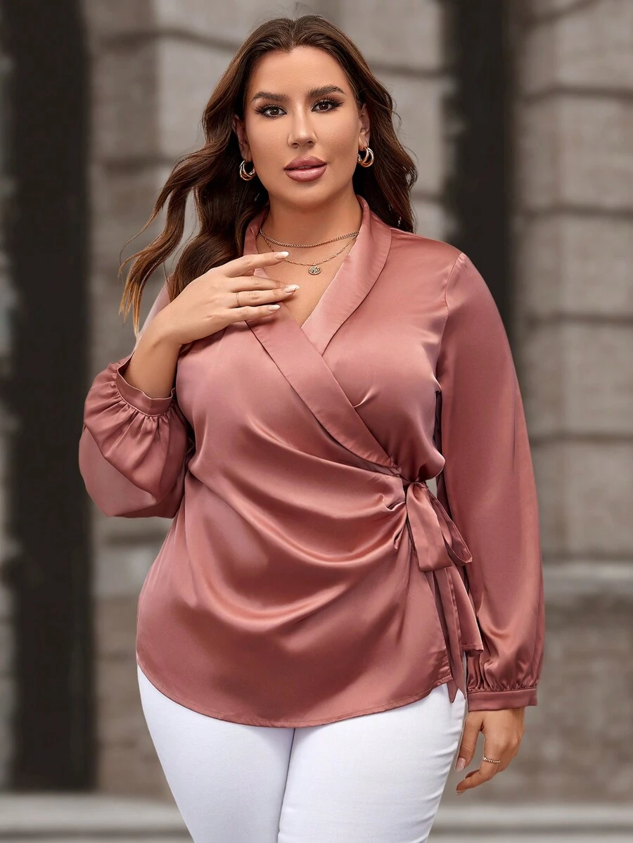 SHEIN Clasi Plus Shawl Collar Knot Side Wrap Satin Blouse - Coral Pink - View 1