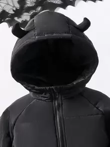 SHEIN Tween Girl Raglan Sleeve Hooded Padded Coat - Black - View 5