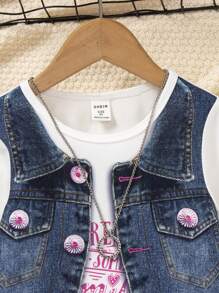 SHEIN Áo thun trẻ trung Girls'Casu2 In 1 cho mùa thu - Màu xanh lam - Xem 4