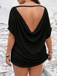 SHEIN VCAY Cộng với áo thun tay cánh dơi hở lưng - màu đen - Xem 3