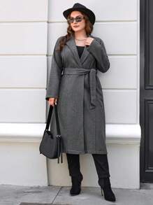 RueChic Plus Lapel Neck Open Front Belted Overcoat - Dark Grey - View 5