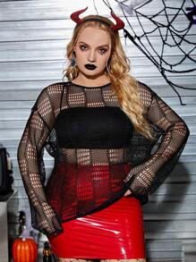 SHEIN EZwear Plus Hollow Out Drop Shoulder Top Without Tube Top - Black - View 4