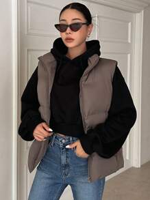 DAZY Zip Up Padded Vest Thick Pockets Coat, Women Winter Coat Jacket - Coffee Brown - View 4