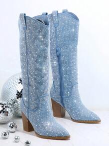 SHUZIA Rhinestone Pointy Toe Block Heel Boots - Blue - View 2