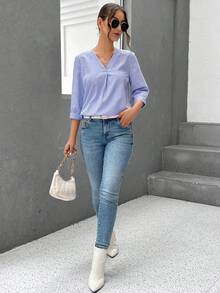 SHEIN LUNE Striped Print Button Front Blouse - Blue and White - View 4