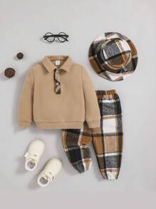 SHEIN 男嬰POLO衫&格紋長褲&帽