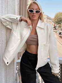 EURMUSE Women's Solid Color Drop Shoulder Long Sleeve Zipper Front Casual Wool Blend Jacket, Autumn/Winter - Beige - View 3