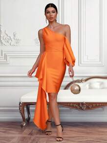 Asymmetrical Neck Draped Side Bodycon Dress - Orange - View 1