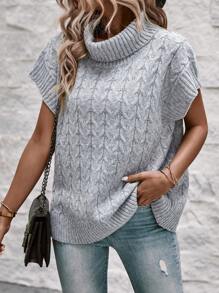 SHEIN LUNE Turtleneck Batwing Sleeve Cable Knit Sweater Vest - Grey - View 3