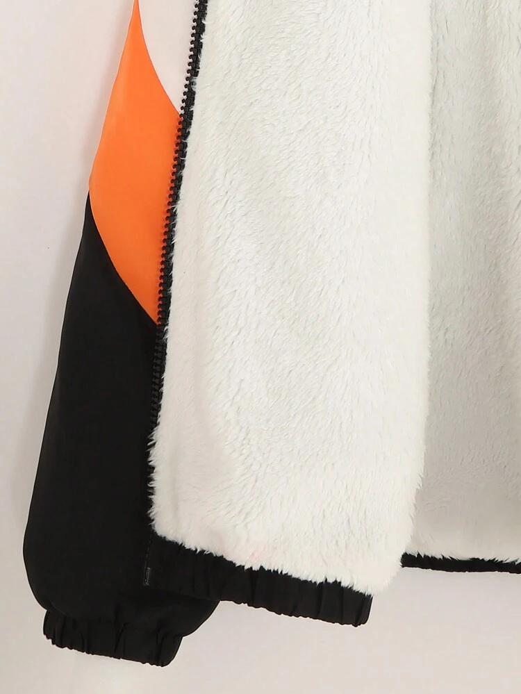 Tween Girl Letter Patched Detail Colorblock Raglan Sleeve Jacket