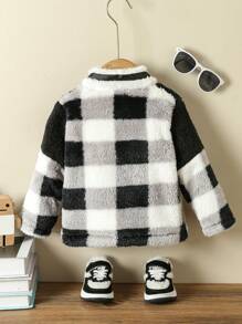 Baby Boy Plaid Print Patch Detail Teddy Coat