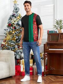 GENTILAND 男士聖誕印花拼色T恤 - 黑色 - 查看 5