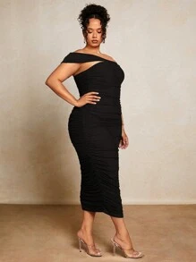 SHEIN BAE Talla grande Vestido ajustado de un hombro fruncido de malla