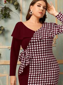 Modelyn Burgundy Red Plus Houndstooth Print Knot Side Split Hem Dress - Burgundy - View 3