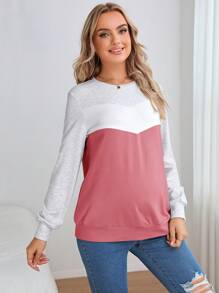 SHEIN Maternity Two Tone Nursing Detail Pullover - Pink - View 3