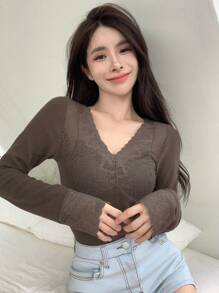 DAZY Contrast Lace Scallop Trim Ribbed Knit Top Pajama