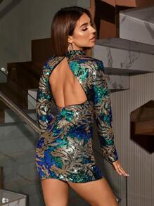 Allurite Mock Neck Sequin Bodycon Dress - Green - View 2