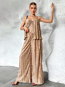 SHEIN Essnce 素色褶皺吊帶上衣和闊腿褲 - 綠色 - 查看 3