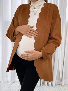 SHEIN Maternity Scallop Trim Open Front Coat - Brown - View 3