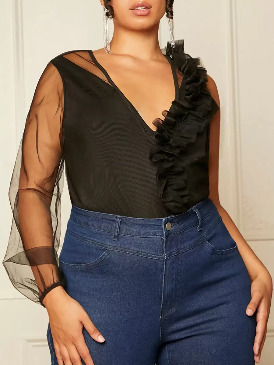SHEIN SXY Plus Ruffle Trim Mesh Sleeve Top