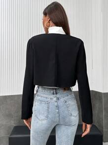 SHEIN Privé 素色開門襟短夾克 - 黑色 - 查看 4