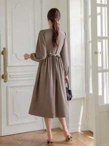 DAZY Lantern Sleeve Tie Back 2 In 1 Dress - Coffee Brown - View 2
