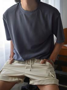 DAZY Men Solid Ribbed Knit Drop Shoulder Tee - Grey - View 1