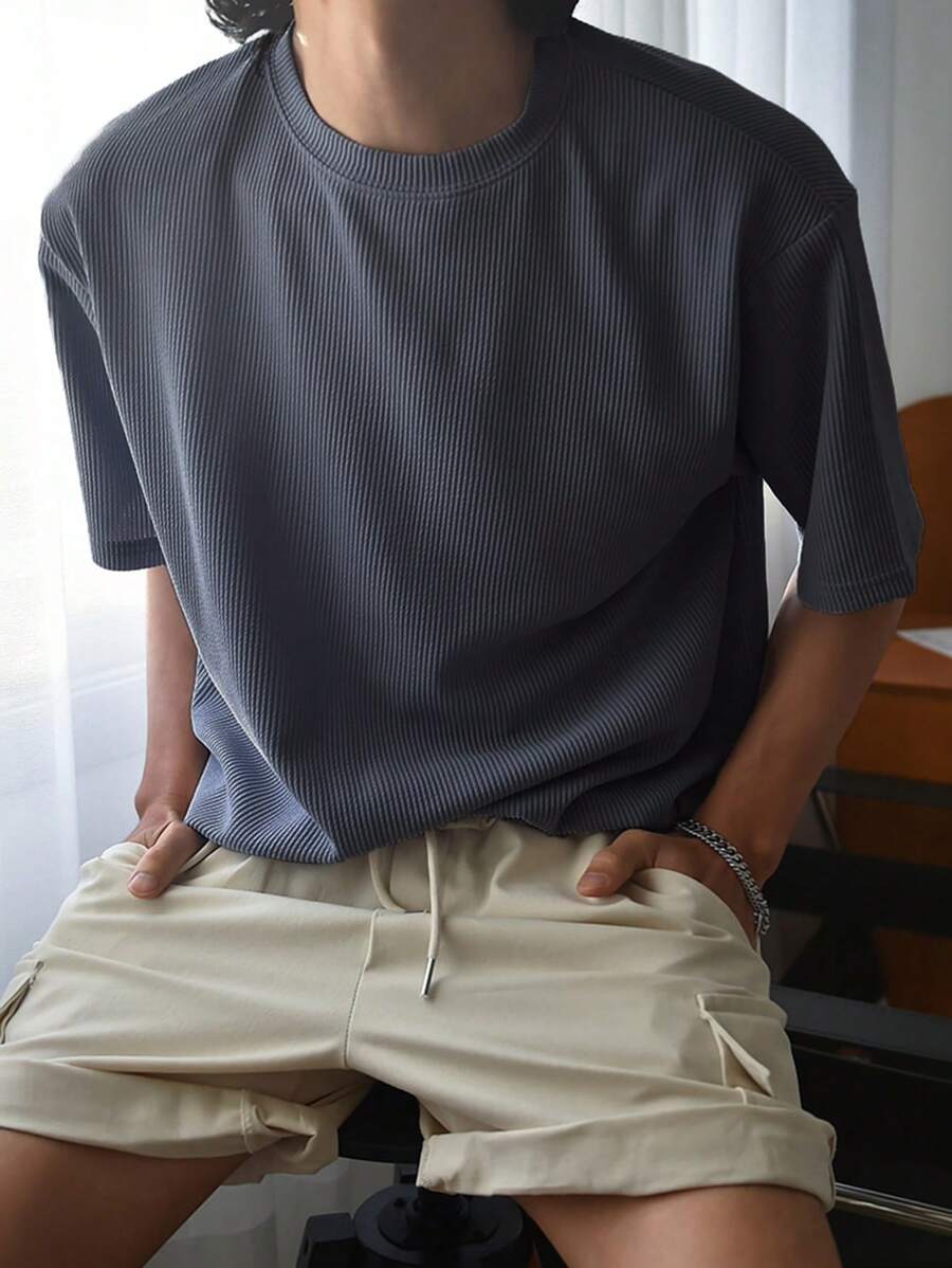 DAZY Men Solid Ribbed Knit Drop Shoulder Tee - Grey - View 1