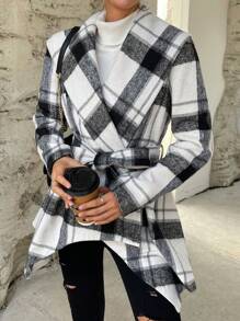 SHEIN Essnce Plaid Print Shawl Collar Asymmetrical Hem Belted Overcoat - Apricot - View 3