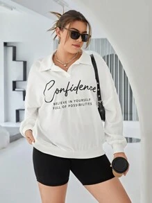 SHEIN Essnce 大碼標語圖案落肩袖運動衫 - 白色 - 查看 1