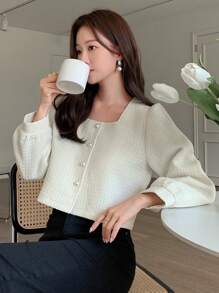 DAZY Casual Business Square Collar Solid Color Blouse For Women Long Sleeve Top