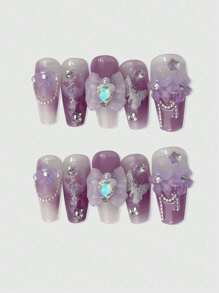 ROMWE Kawaii 10pcs Long Coffin Rhinestone & Bow Decor Fake Nail Kit - Multicolor - View 2