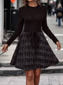 Calvaya Plaid Print Belted Dress