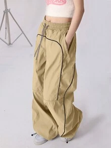 Quần thể thao thường ngày chắp vá có dây rút ở eo dành cho nữ - Màu Khaki - Xem 3