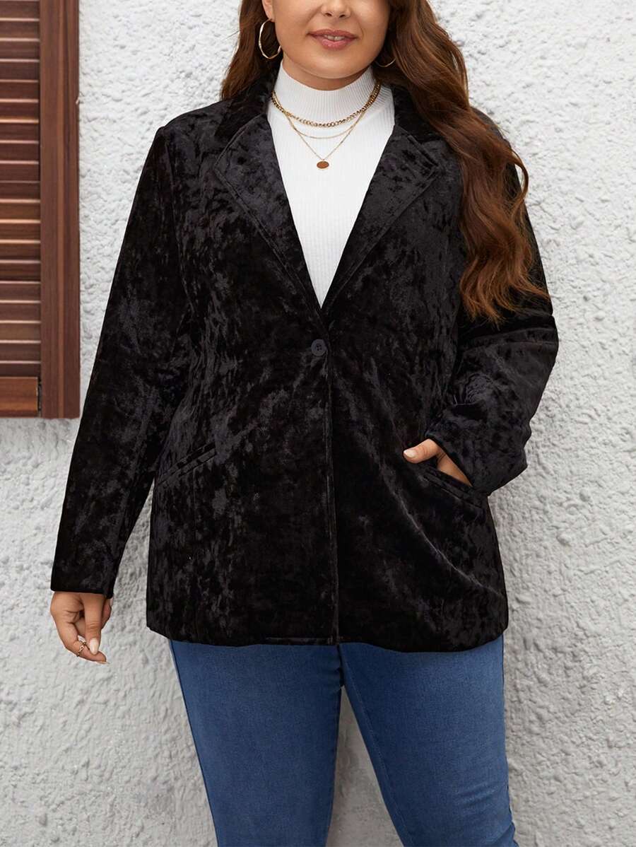 SHEIN LUNE 大碼西裝領絲絨西裝外套 - 黑色 - 查看 1